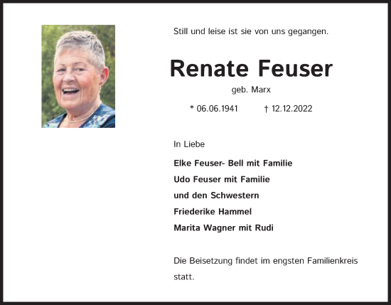 Anzeige von Renate Feuser von Kölner Stadt-Anzeiger / Kölnische Rundschau / Express