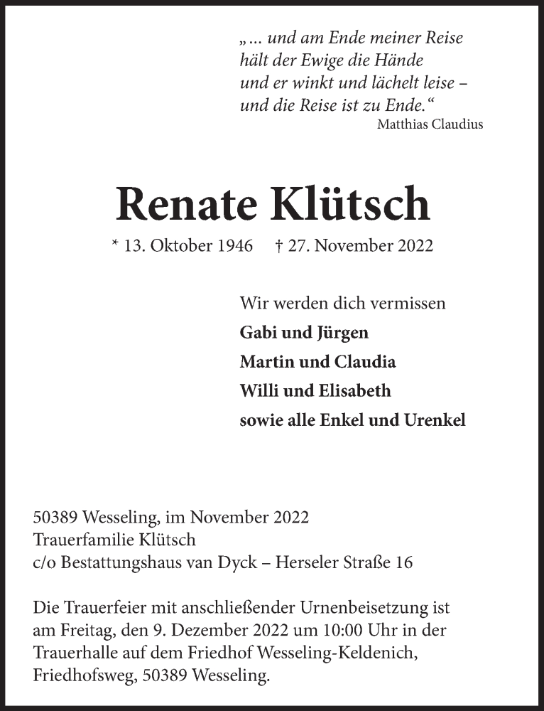  Traueranzeige für Renate Klütsch vom 02.12.2022 aus  Schlossbote/Werbekurier 