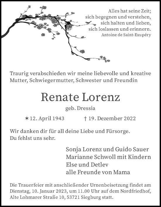 Anzeige von Renate Lorenz von Kölner Stadt-Anzeiger / Kölnische Rundschau / Express