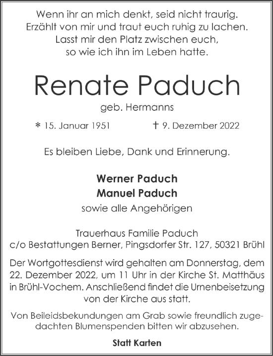 Anzeige von Renate Paduch von  Schlossbote/Werbekurier 