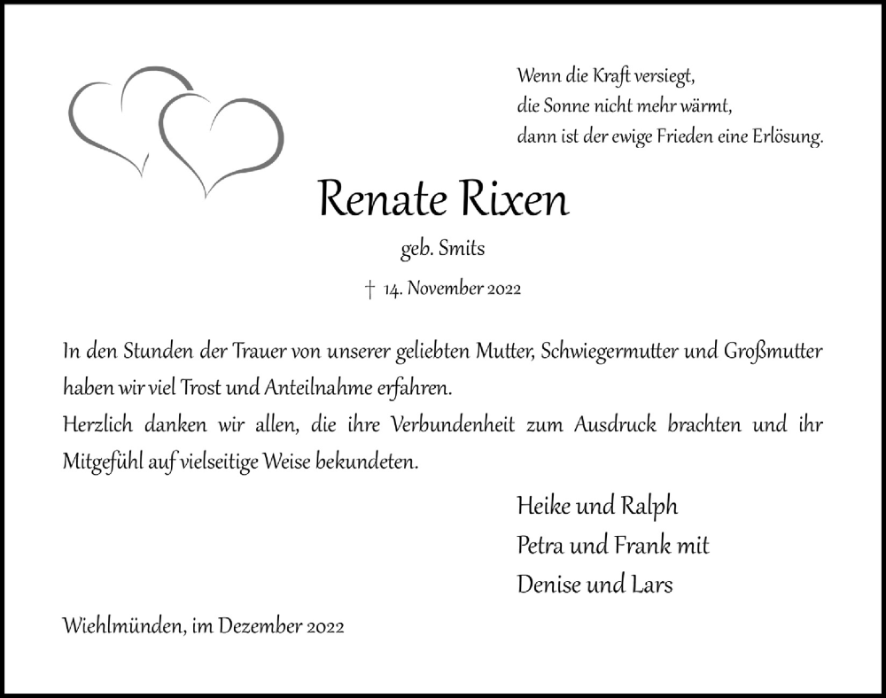  Traueranzeige für Renate Rixen vom 22.12.2022 aus  Anzeigen Echo 