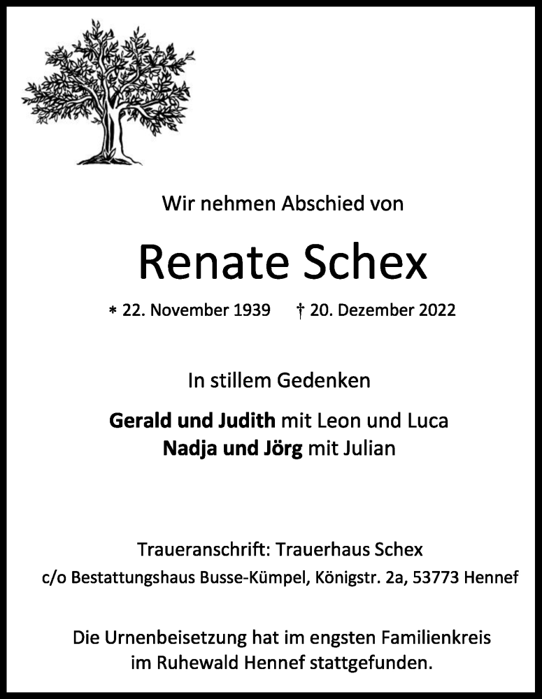  Traueranzeige für Renate Schex vom 31.12.2022 aus Kölner Stadt-Anzeiger / Kölnische Rundschau / Express