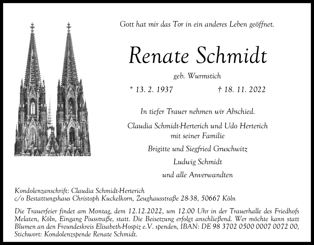  Traueranzeige für Renate Schmidt vom 03.12.2022 aus Kölner Stadt-Anzeiger / Kölnische Rundschau / Express