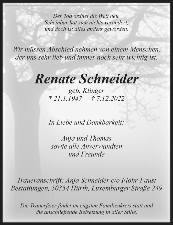 Anzeige von Renate Schneider von  Wochenende 