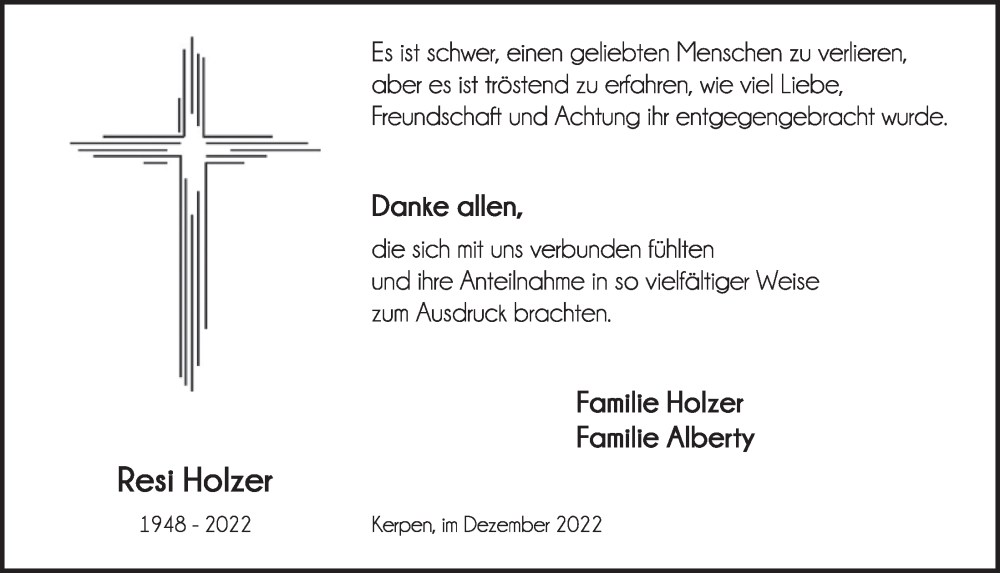  Traueranzeige für Resi Holzer vom 02.12.2022 aus  Werbepost 