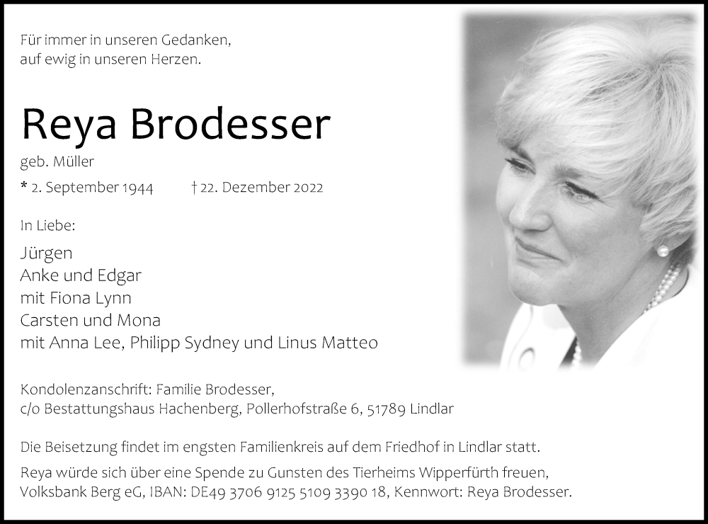  Traueranzeige für Reya Brodesser vom 31.12.2022 aus Kölner Stadt-Anzeiger / Kölnische Rundschau / Express