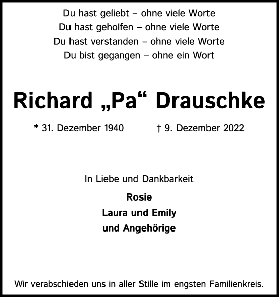 Anzeige von Richard Drauschke von Kölner Stadt-Anzeiger / Kölnische Rundschau / Express