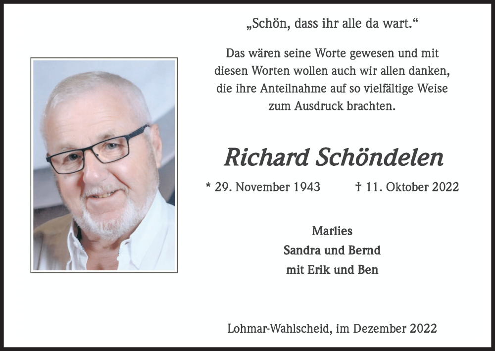  Traueranzeige für Richard Schöndelen vom 03.12.2022 aus Kölner Stadt-Anzeiger / Kölnische Rundschau / Express