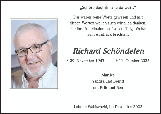 Anzeige von Richard Schöndelen von Kölner Stadt-Anzeiger / Kölnische Rundschau / Express