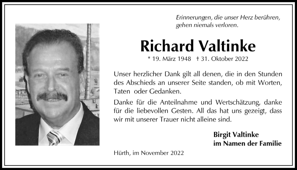  Traueranzeige für Richard Valtinke vom 02.12.2022 aus  Wochenende 