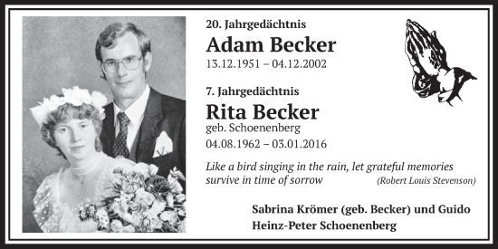 Anzeige von Rita Becker von  Wochenende  Werbepost 