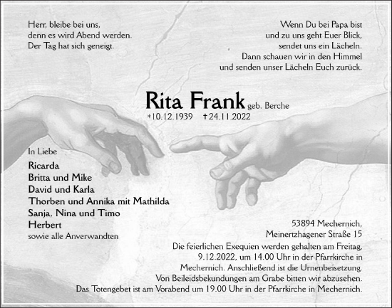 Anzeige von Rita Frank von  Blickpunkt Euskirchen 