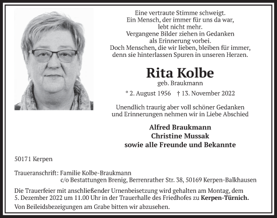 Anzeige von Rita Kolbe von  Werbepost 