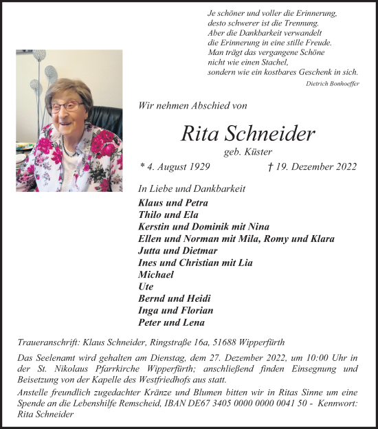 Anzeige von Rita Schneider von Kölner Stadt-Anzeiger / Kölnische Rundschau / Express