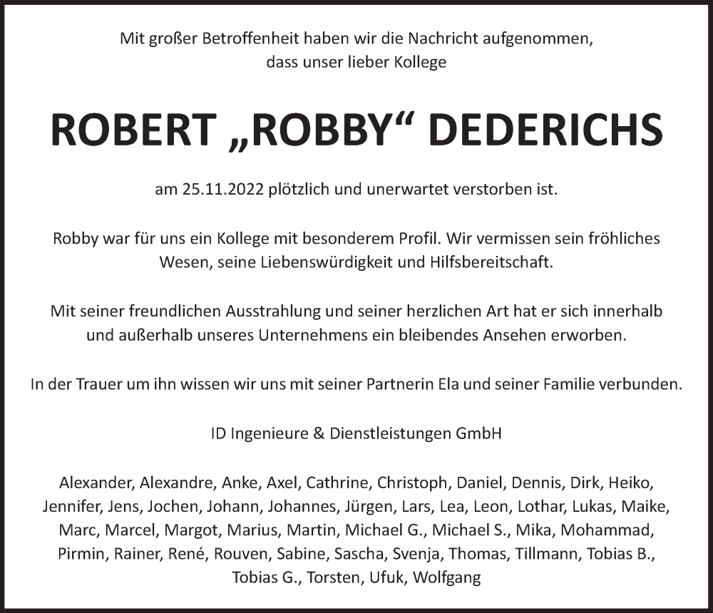  Traueranzeige für Robert  Dederichs vom 10.12.2022 aus  Blickpunkt Euskirchen 