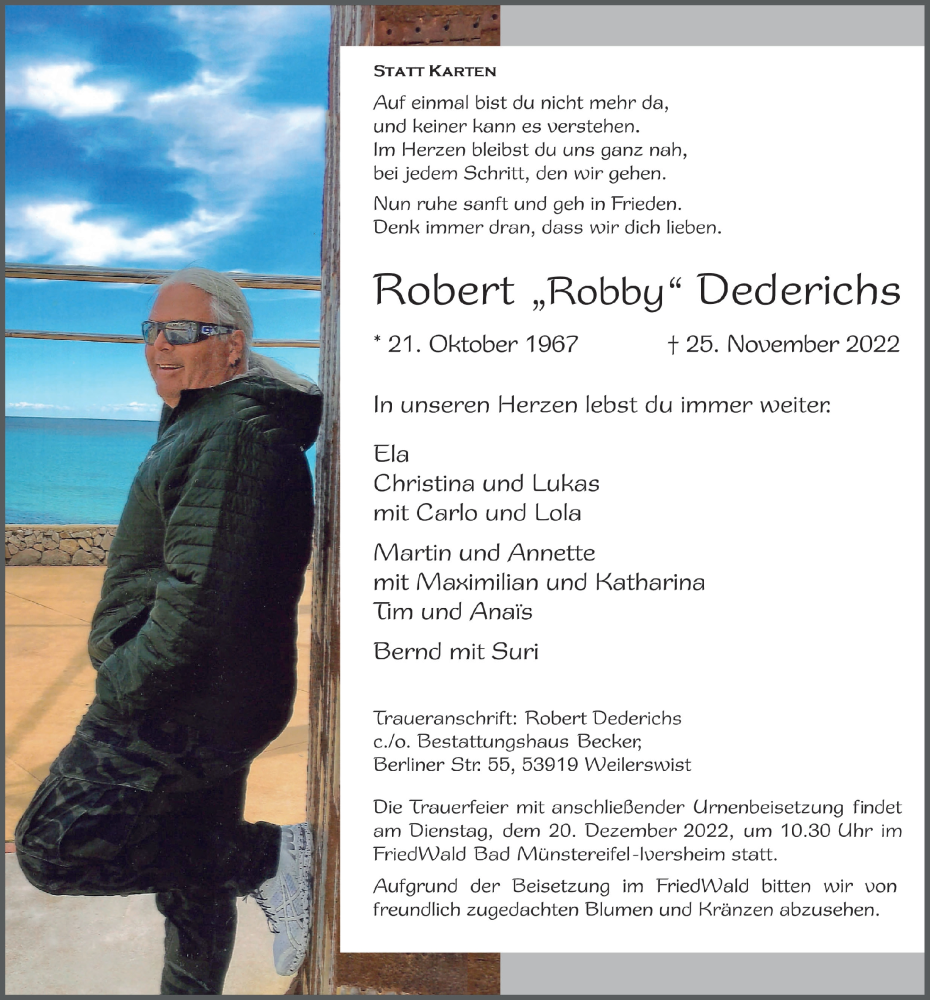  Traueranzeige für Robert  Dederichs vom 03.12.2022 aus  Blickpunkt Euskirchen 