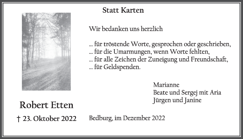  Traueranzeige für Robert Etten vom 09.12.2022 aus  Werbepost 