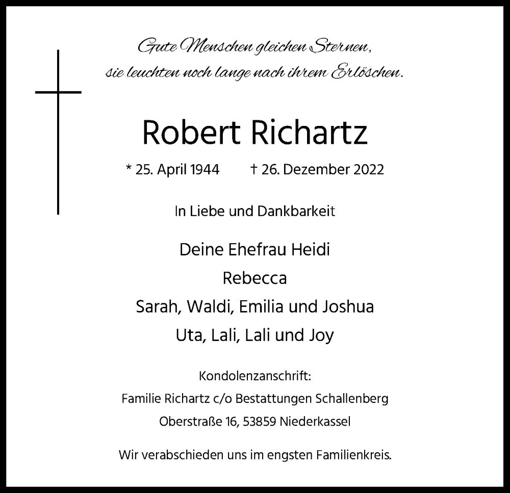  Traueranzeige für Robert Richartz vom 31.12.2022 aus Kölner Stadt-Anzeiger / Kölnische Rundschau / Express