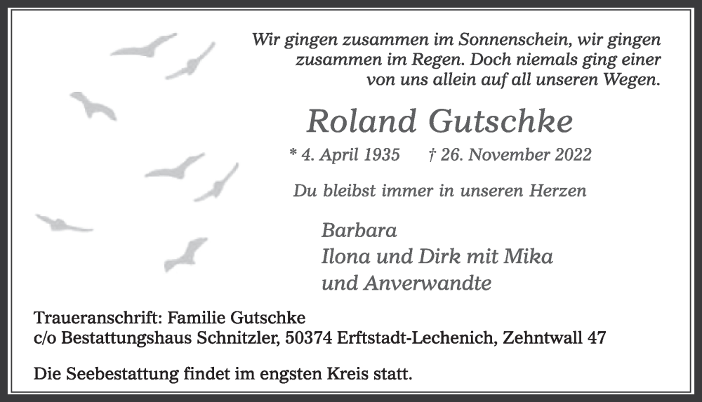  Traueranzeige für Roland Gutschke vom 02.12.2022 aus  Werbepost 