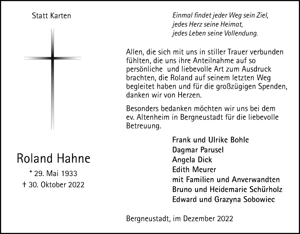  Traueranzeige für Roland Hahne vom 31.12.2022 aus Kölner Stadt-Anzeiger / Kölnische Rundschau / Express