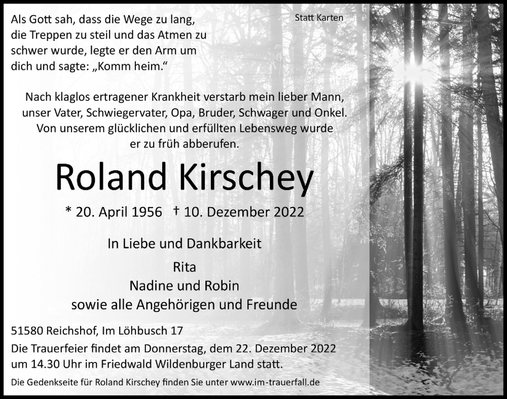  Traueranzeige für Roland Kirschey vom 16.12.2022 aus  Lokalanzeiger 