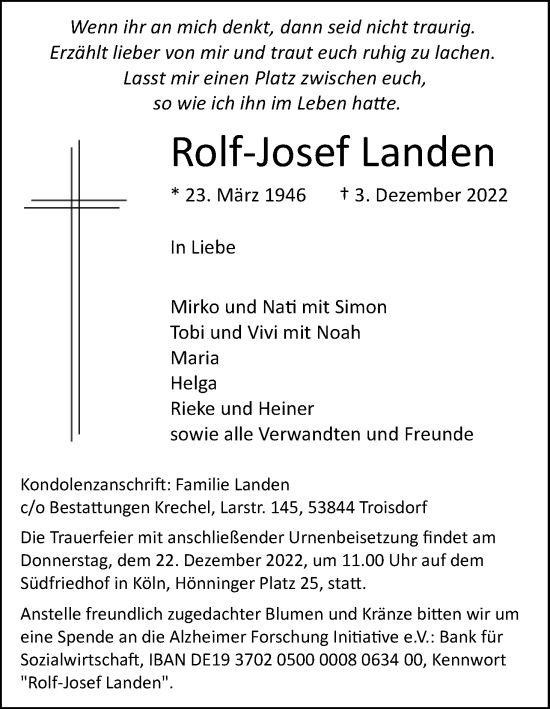Anzeige von Rolf-Josef Landen von Kölner Stadt-Anzeiger / Kölnische Rundschau / Express
