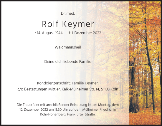 Anzeige von Rolf Keymer von Kölner Stadt-Anzeiger / Kölnische Rundschau / Express
