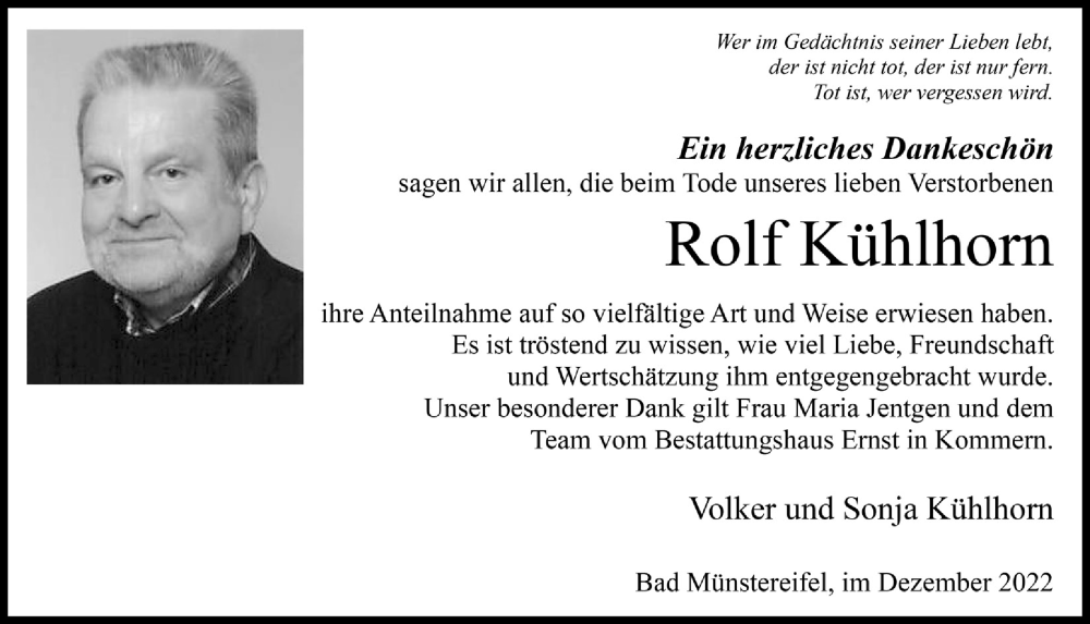  Traueranzeige für Rolf Kühlhorn vom 03.12.2022 aus  Blickpunkt Euskirchen 