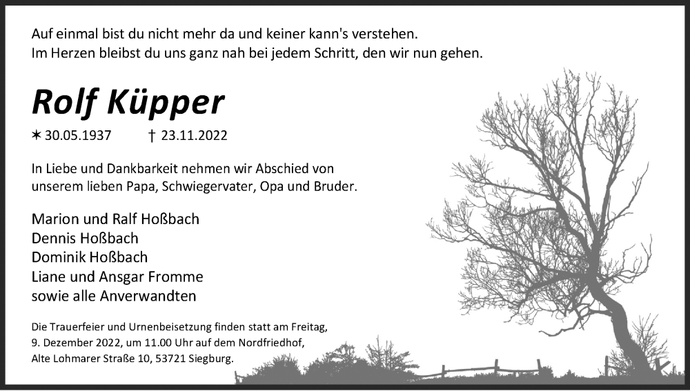  Traueranzeige für Rolf Küpper vom 03.12.2022 aus Kölner Stadt-Anzeiger / Kölnische Rundschau / Express
