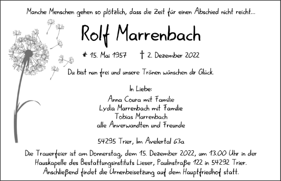 Anzeige von Rolf Marrenbach von  Lokalanzeiger 