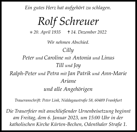Anzeige von Rolf Schreuer von Kölner Stadt-Anzeiger / Kölnische Rundschau / Express