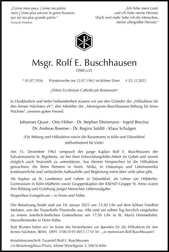 Anzeige von Rolf E. Buschhausen von Kölner Stadt-Anzeiger / Kölnische Rundschau / Express