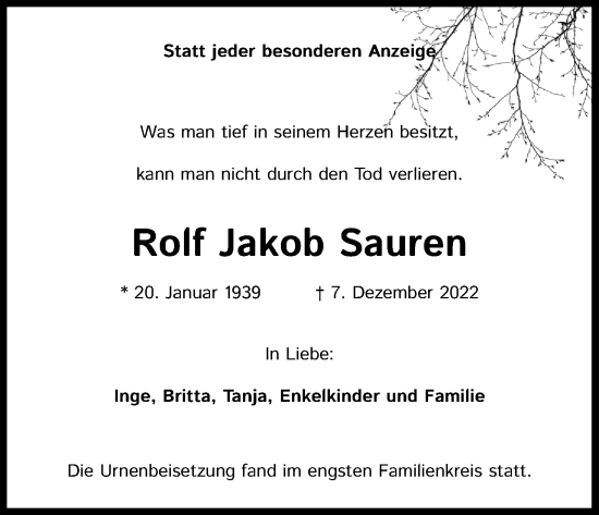 Anzeige von Rolf Jakob Sauren von Kölner Stadt-Anzeiger / Kölnische Rundschau / Express