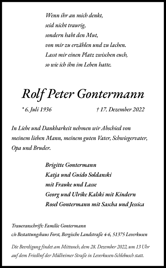 Anzeige von Rolf Peter Gontermann von Kölner Stadt-Anzeiger / Kölnische Rundschau / Express