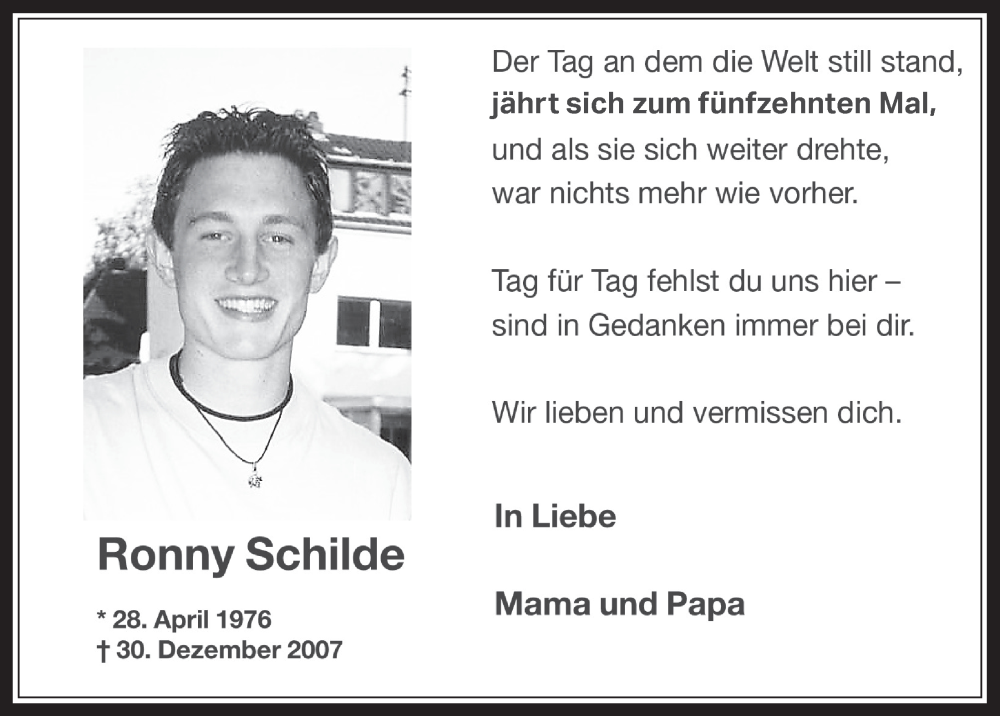  Traueranzeige für Ronny Schilde vom 29.12.2022 aus  Wochenende 