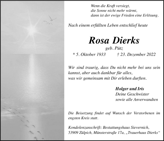 Anzeige von Rosa Dierks von  Blickpunkt Euskirchen 