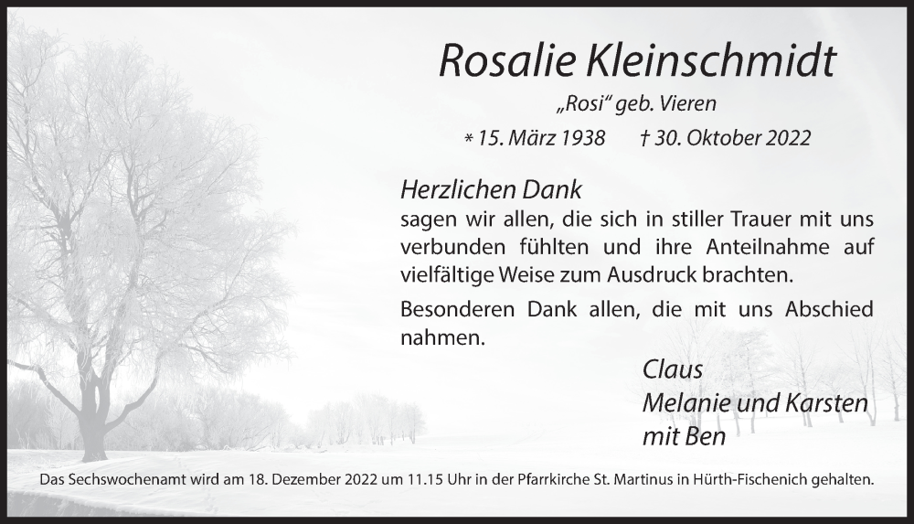  Traueranzeige für Rosalie Kleinschmidt vom 09.12.2022 aus  Wochenende 
