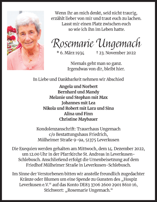 Anzeige von Rosemarie Ungemach von Kölner Stadt-Anzeiger / Kölnische Rundschau / Express