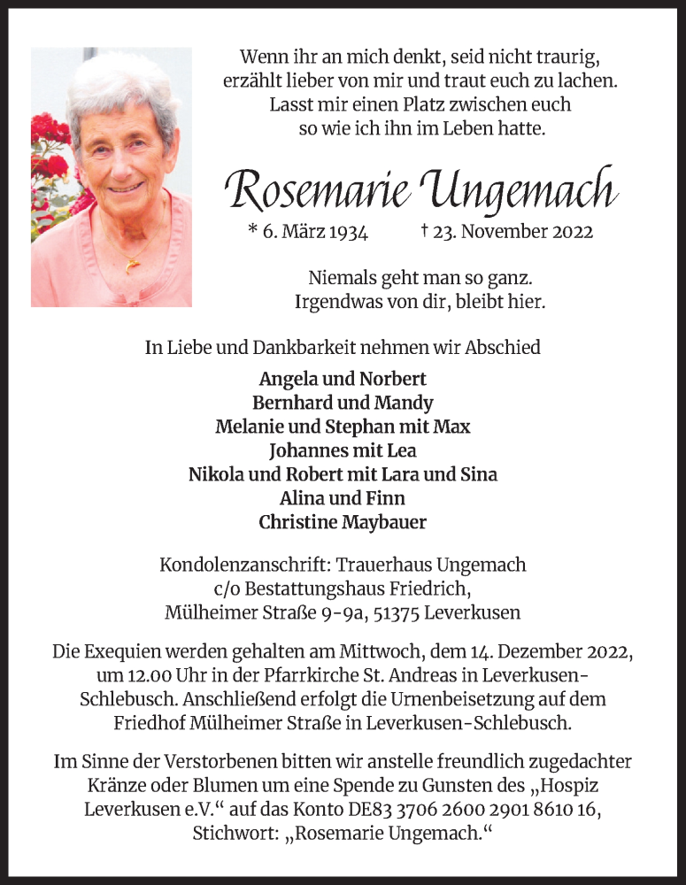  Traueranzeige für Rosemarie Ungemach vom 03.12.2022 aus Kölner Stadt-Anzeiger / Kölnische Rundschau / Express