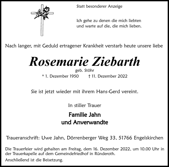 Anzeige von Rosemarie Ziebarth von Kölner Stadt-Anzeiger / Kölnische Rundschau / Express