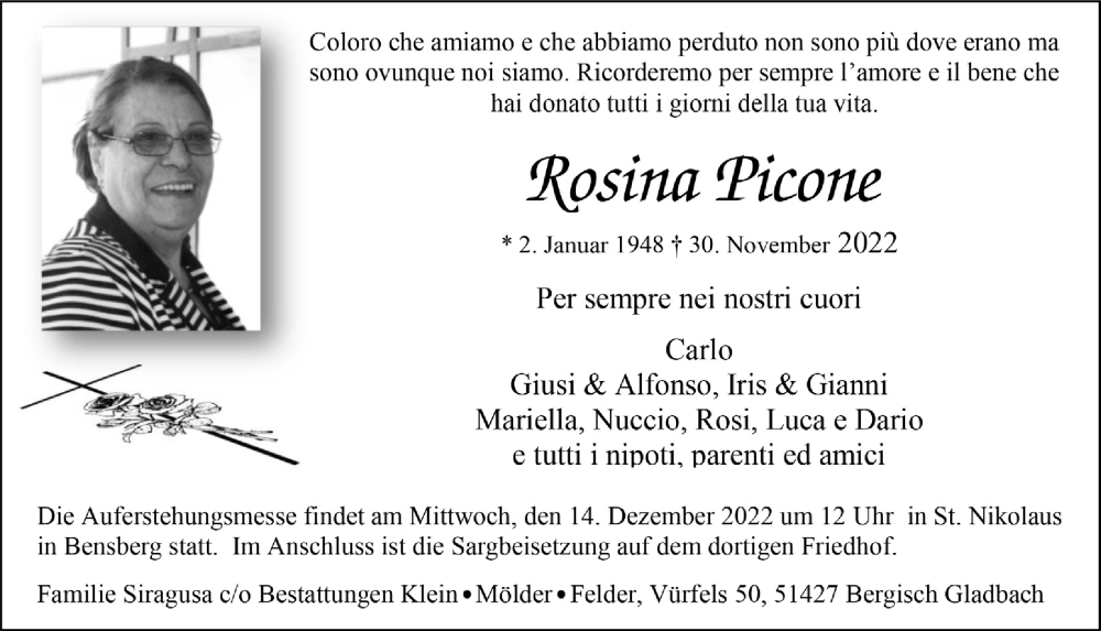  Traueranzeige für Rosina Picone vom 09.12.2022 aus  Bergisches Handelsblatt 