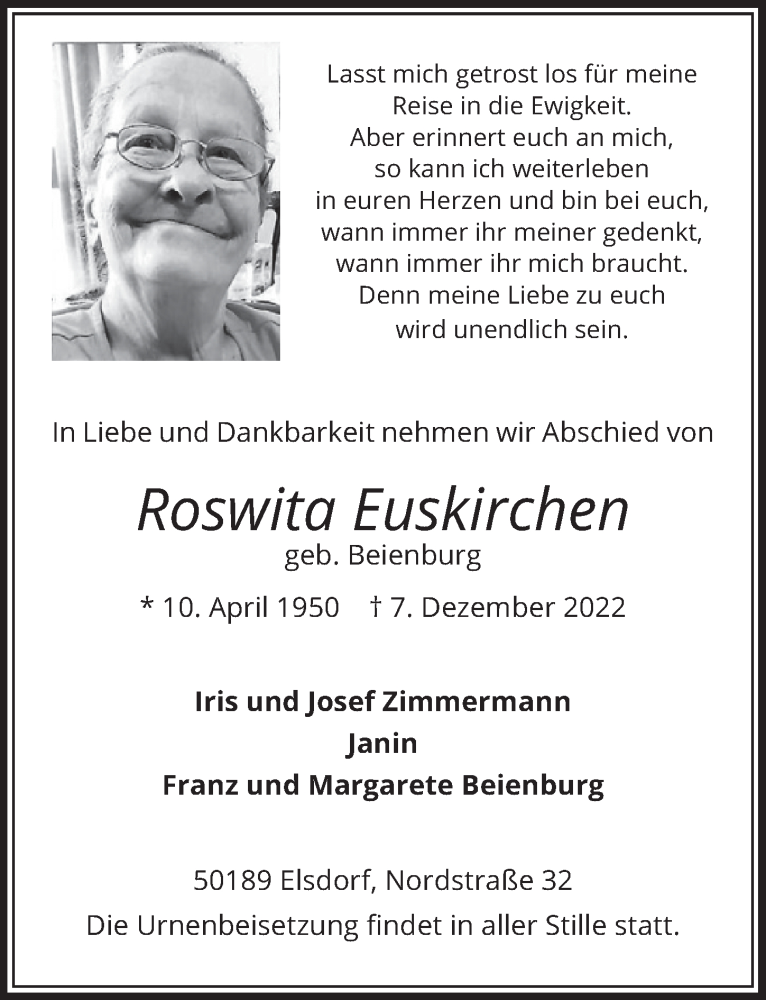  Traueranzeige für Roswita Euskirchen vom 16.12.2022 aus  Werbepost 