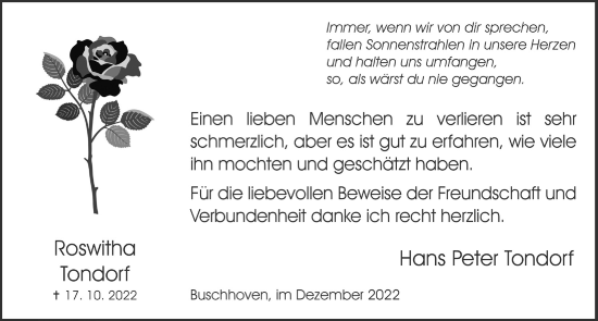 Anzeige von Roswitha Tondorf von  Schaufenster/Blickpunkt 