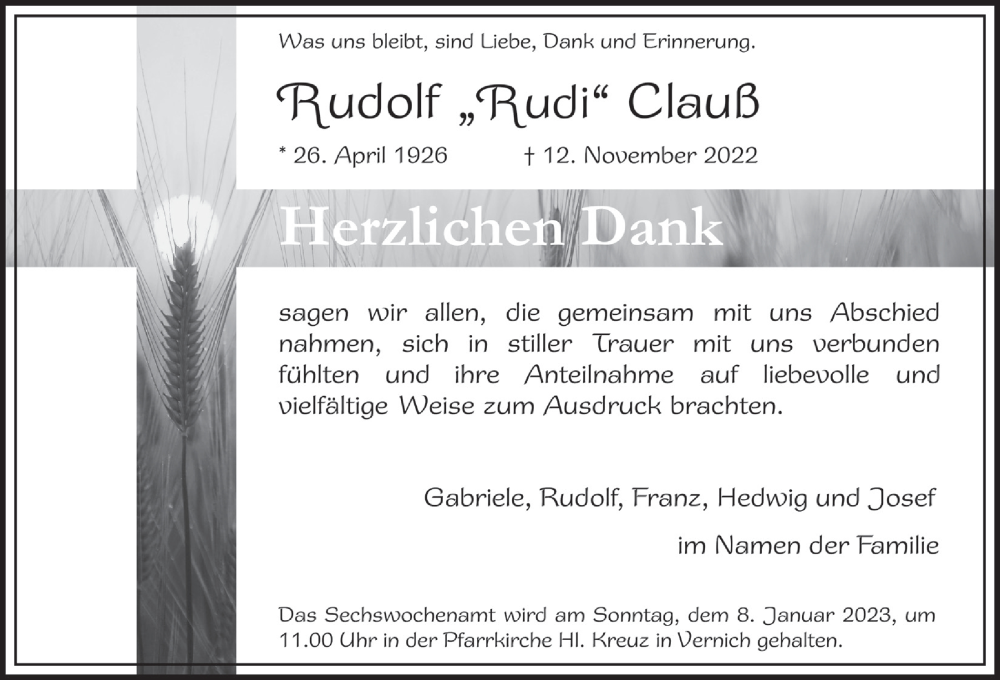 Traueranzeige für Rudolf Clauß vom 30.12.2022 aus  Blickpunkt Euskirchen 