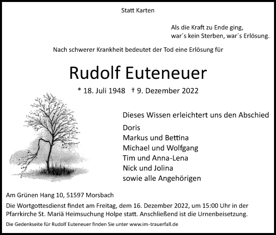 Anzeige von Rudolf Euteneuer von Kölner Stadt-Anzeiger / Kölnische Rundschau / Express