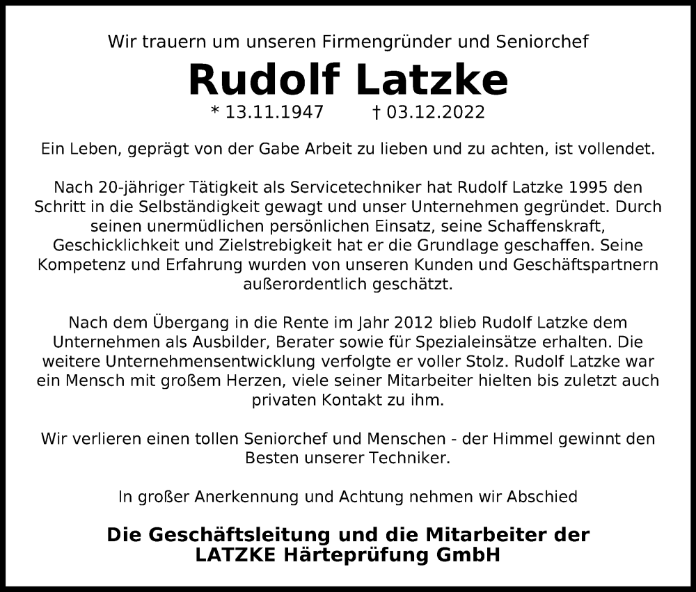  Traueranzeige für Rudolf Latzke vom 07.12.2022 aus Kölner Stadt-Anzeiger / Kölnische Rundschau / Express