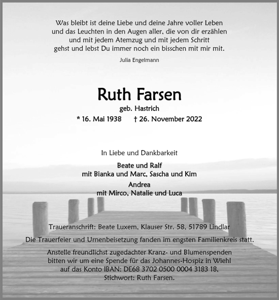 Anzeige von Ruth Farsen von  Anzeigen Echo 