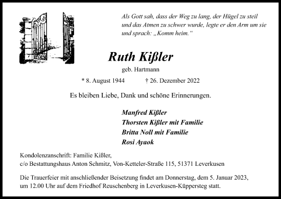 Anzeige von Ruth Kißler von Kölner Stadt-Anzeiger / Kölnische Rundschau / Express