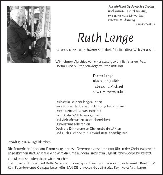 Anzeige von Ruth Lange von  Anzeigen Echo 