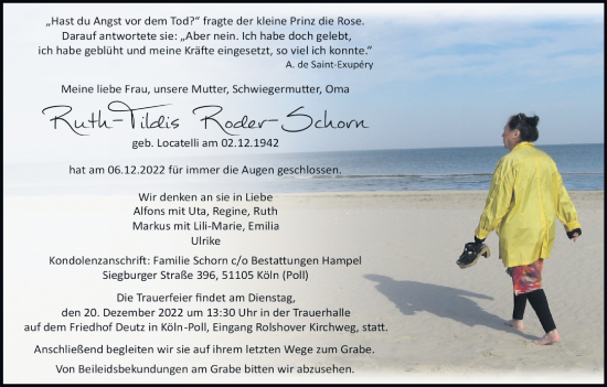 Anzeige von Ruth-Tildis Roder-Schorn von Kölner Stadt-Anzeiger / Kölnische Rundschau / Express